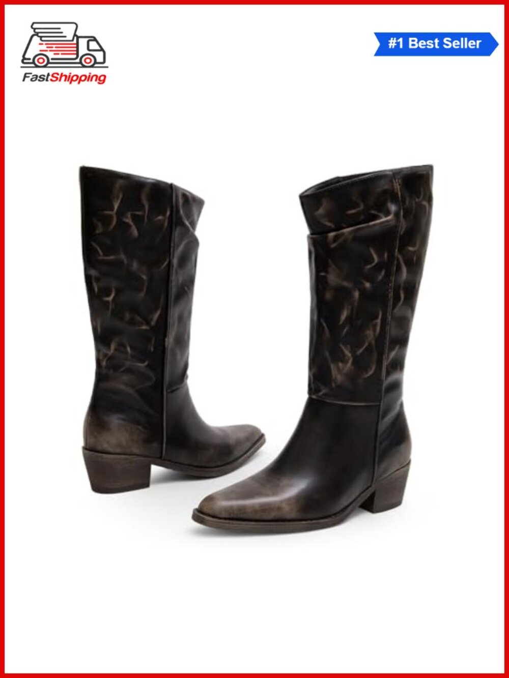 ✨ iiimmu Women's Mid-Calf Western Cowboy Boots Faux Leather Pointed Toe Block